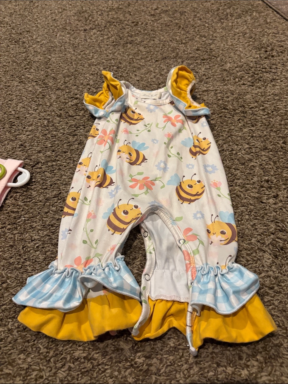 Girls Yellow Bee Print Ruffle One-Piece Romper